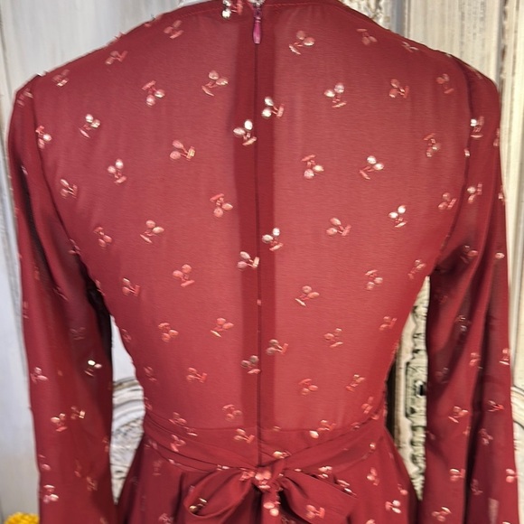 Ruby Red Ruffled Sheer Romper with Plunge Neckline and Statement Sleeves - Picture 10 of 11